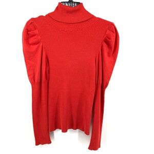 Anthropologie Red Ribbed Turtleneck Long Puff Shoulder Sleeves Top